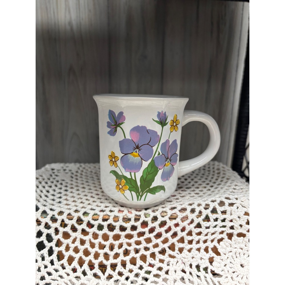 Vintage Ceramic Floral Coffee Mug Purple Pansies Yellow Flowers White Paneled